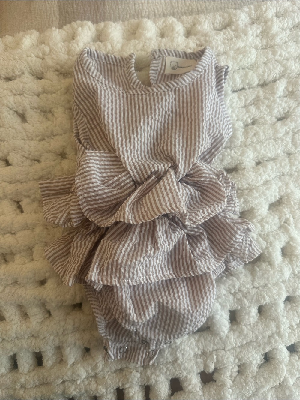 |ChubbyBubbyBear| Striped Ruffle Baby Romper in Taupe & White